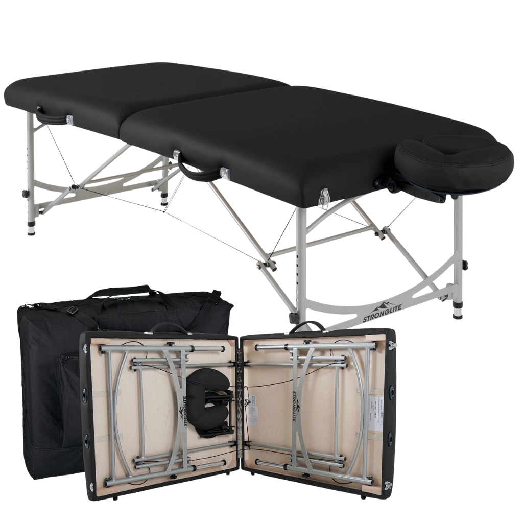 Earthlite Stronglite Versalite Pro Portable Massage Table illustrating the clamshell portable design and the heavy duty carry case.