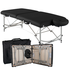 Earthlite Stronglite Versalite Pro Portable Massage Table illustrating the clamshell portable design and the heavy duty carry case.