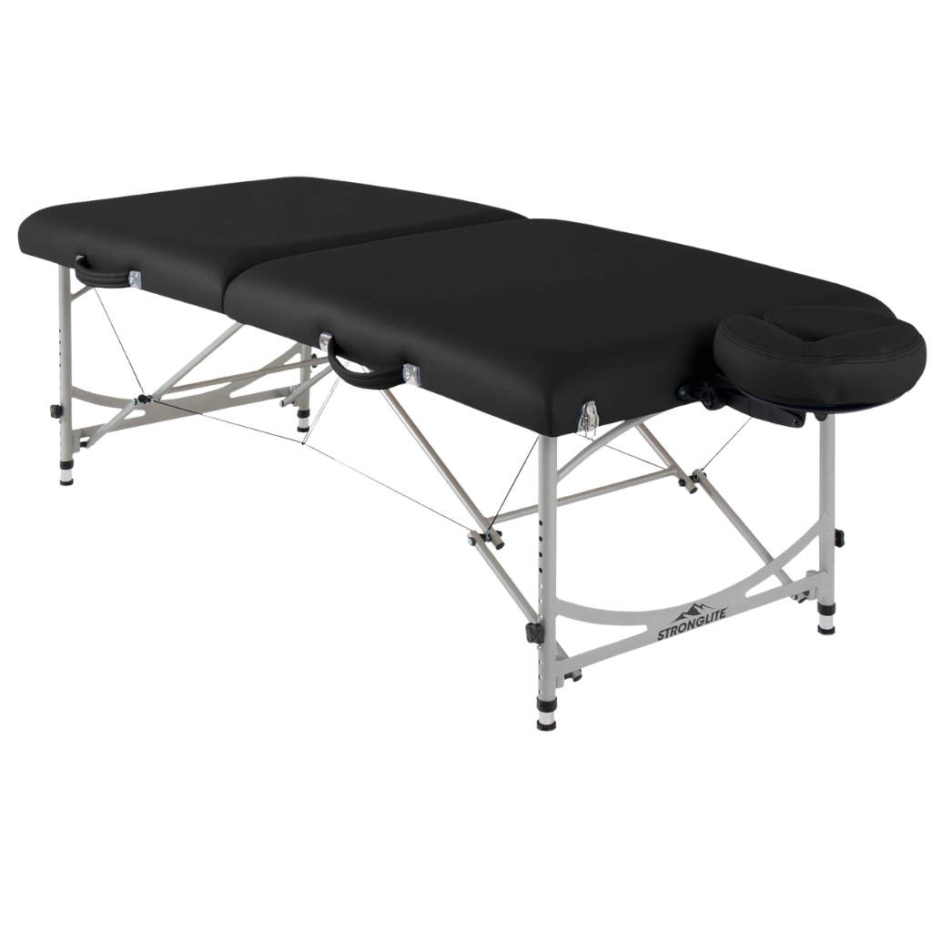 Earthlite Stronglite Versalite Pro Portable Massage Table with black upholstery and a portable design for wellness practices.