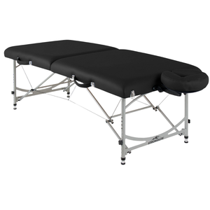 Earthlite Stronglite Versalite Pro Portable Massage Table with black upholstery and a portable design for wellness practices.