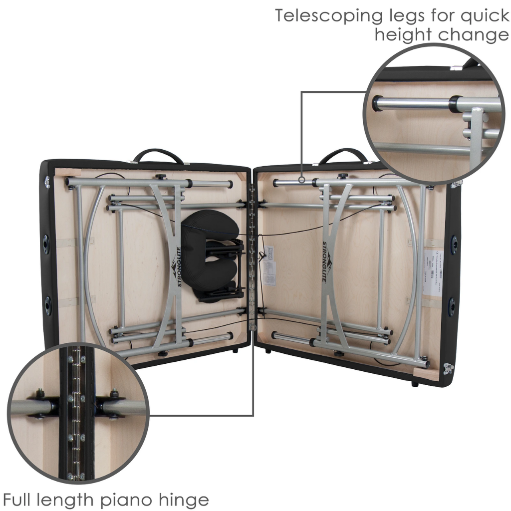 Earthlite Stronglite Versalite Pro Portable Massage Table illustrating the telescoping legs for quick height change and full length piano hinge.