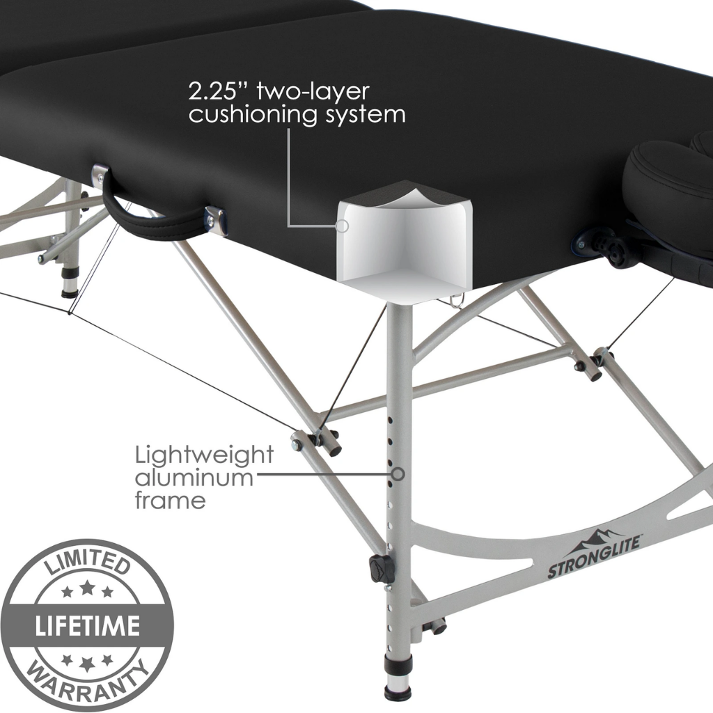 Earthlite Stronglite Versalite Pro Portable Massage Table illustrating the 2.25" two-layer cushioning system and lightweight aluminum frame.