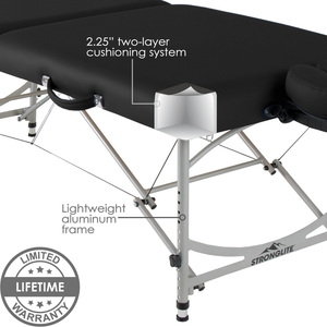 Earthlite Stronglite Versalite Pro Portable Massage Table illustrating the 2.25" two-layer cushioning system and lightweight aluminum frame.
