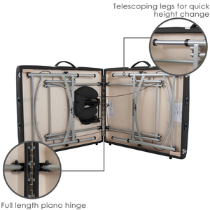Earthlite Stronglite Versalite Pro Portable Massage Table illustrating the telescoping legs for quick height change and full length piano hinge.