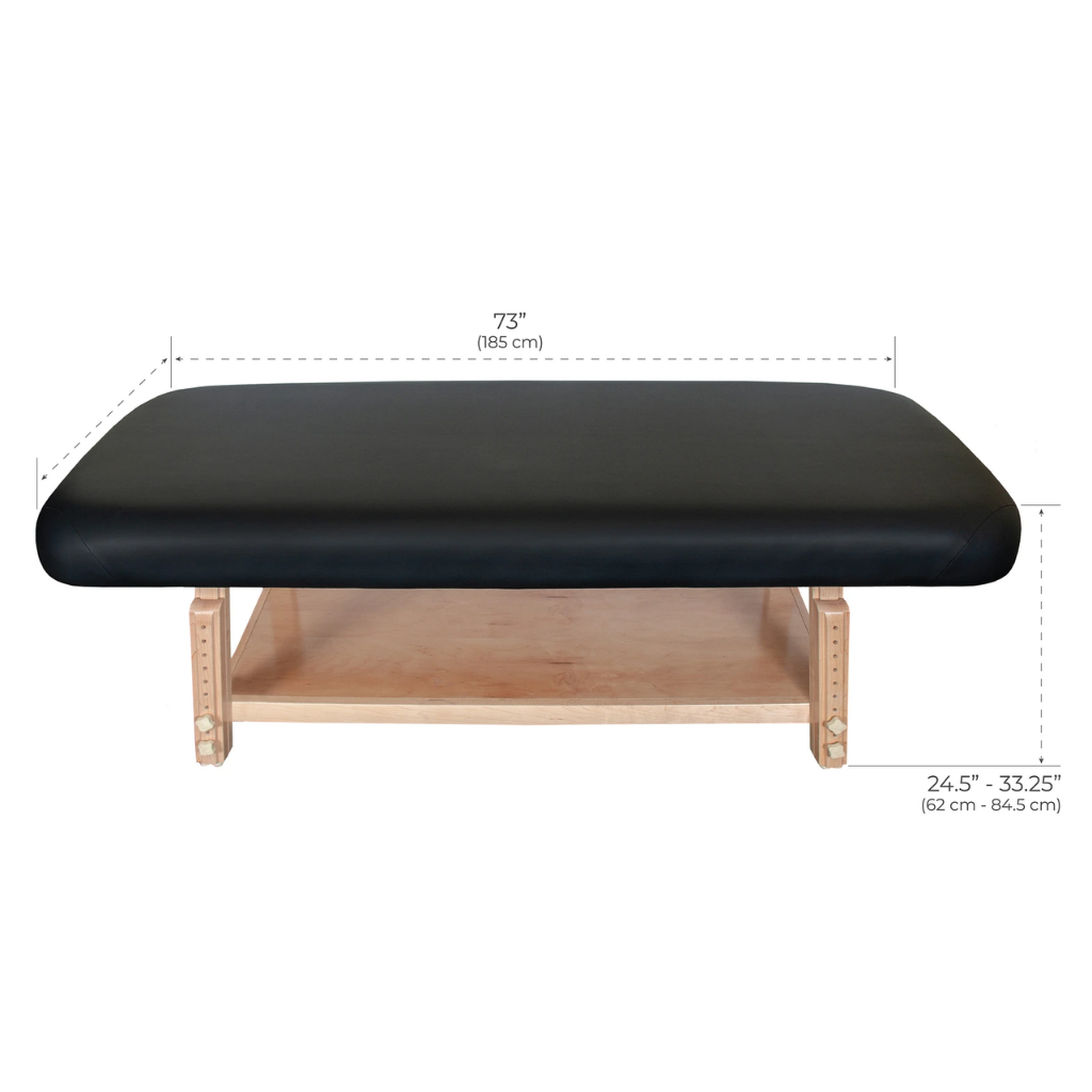Earthlite Terra stationary massage treatment table end view showing sturdy frame and foldable design for med spa and medical wellness practices.