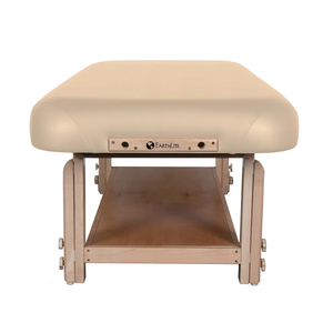 Earthlite Terra stationary massage treatment table end view showing sturdy frame for med spa and medical wellness practices.