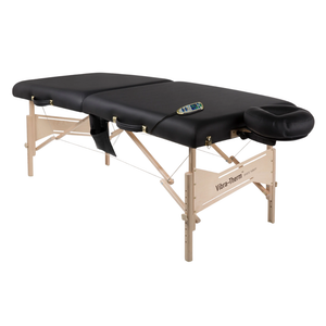 Earthlite Vibra-Therm Sports Therapy Table with black upholstery portable design for wellness practices.