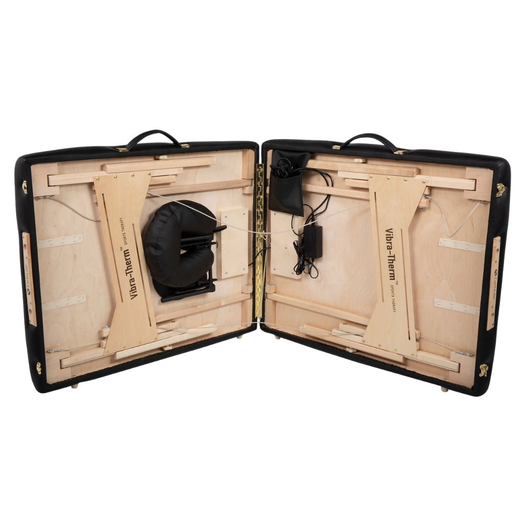 Earthlite Vibra-Therm Sports Therapy Table with black upholstery clamshell folding portable for easy transport.