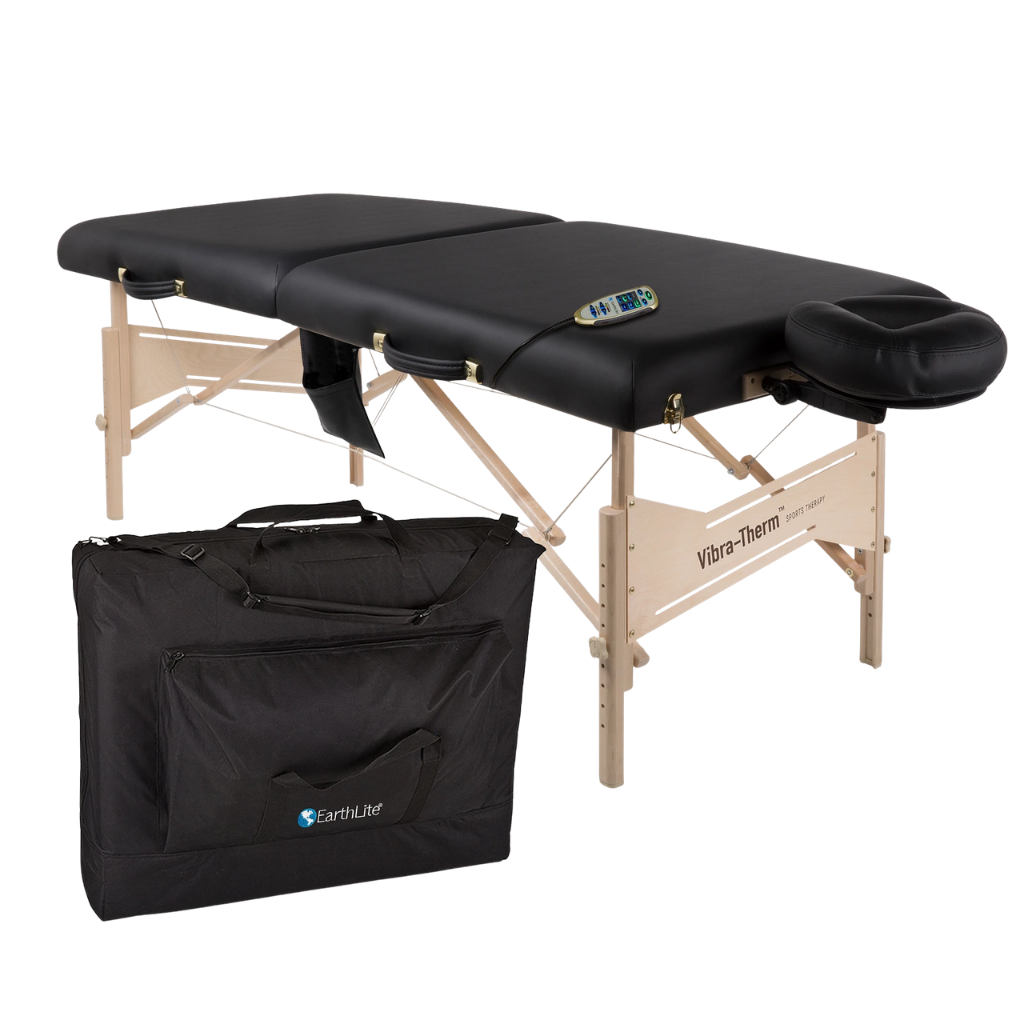 Earthlite Vibra-Therm Sports Therapy Table with black upholstery portable complete package with remote and carry case.