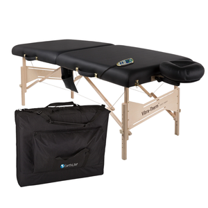 Earthlite Vibra-Therm Sports Therapy Table with black upholstery portable complete package with remote and carry case.