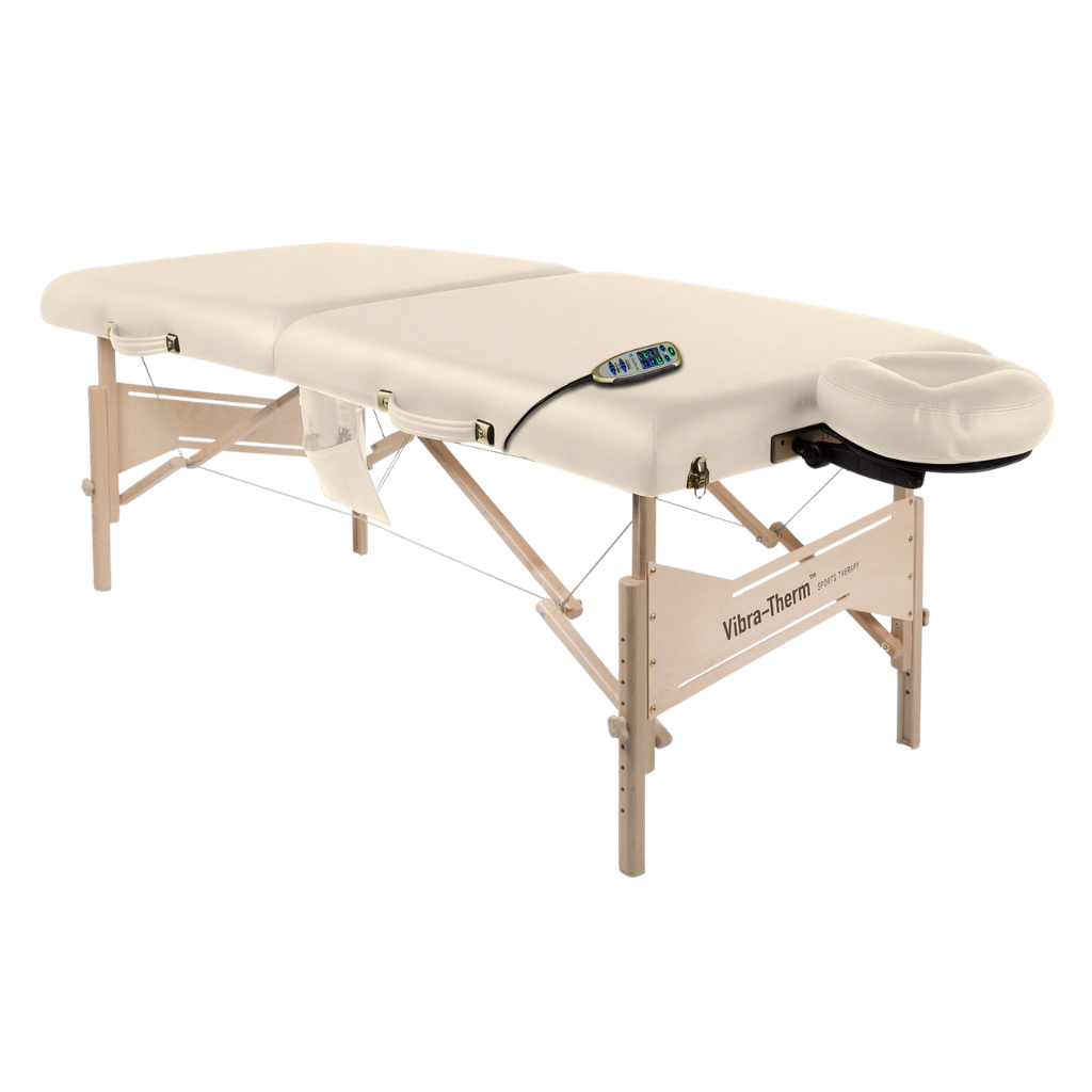 Earthlite Vibra-Therm Sports Therapy Table with vanilla crème upholstery portable for wellness practices.