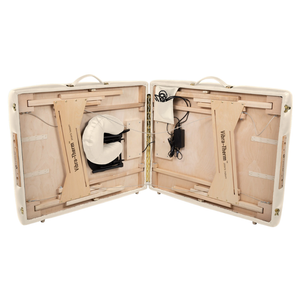 Earthlite Vibra-Therm Sports Therapy Table with vanilla creme upholstery clamshell folding portable for easy transport.