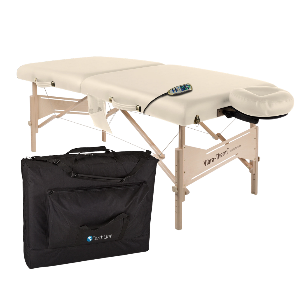 Earthlite Vibra-Therm Sports Therapy Table with vanilla crème upholstery portable complete package with remote and carry case.