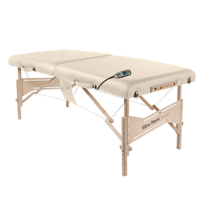 Earthlite Vibra-Therm Sports Therapy Table with vanilla creme upholstery without headrest attachment for wellness practices.