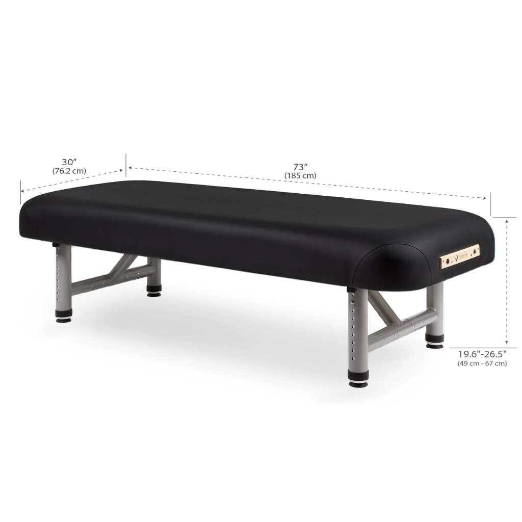 Earthlite Yosemite 30 Low Height Treatment Table dimensions diagram showing length, width, and height measurements for med spa and medical wellness practices.