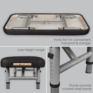 Earthlite Yosemite 30 Low Height Treatment Table features low height range, sturdy powder-coated steel frame, and fold-flat design for easy transport and storage in medical wellness practices.