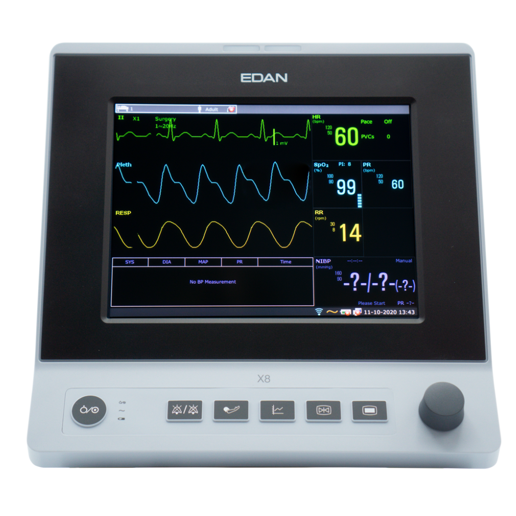 Edan patient  monitor with display screen and control buttons on a white background