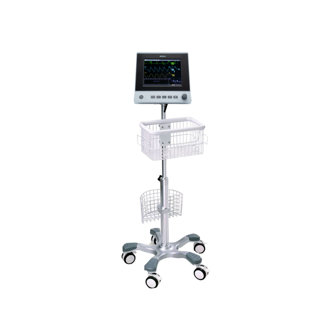 Edan patient  monitor on a stand with wheels and storage baskets on a white background