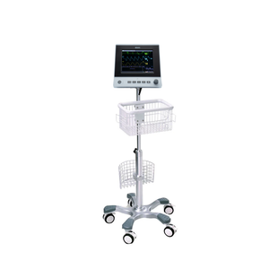 Edan patient  monitor on a stand with wheels and storage baskets on a white background