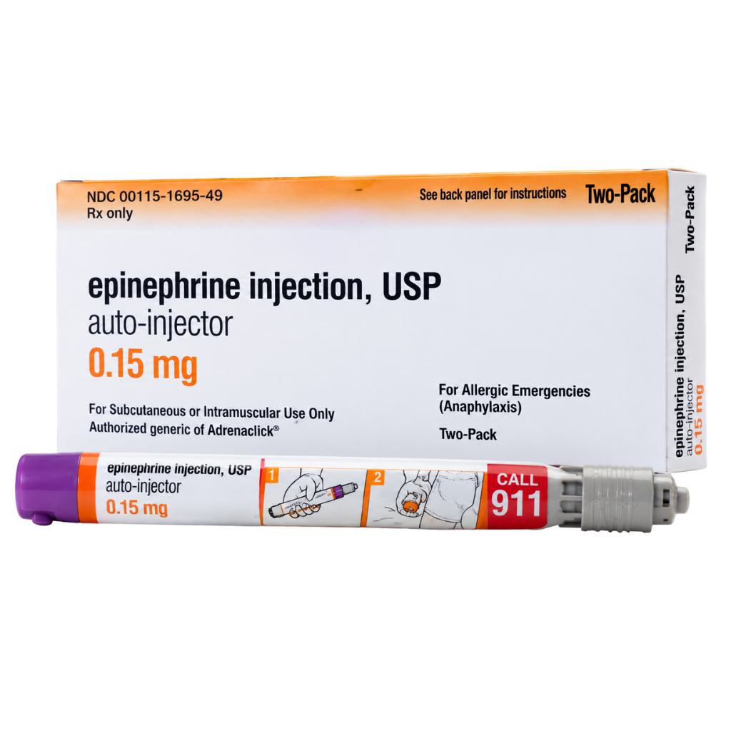 Epinephrine Injection, USP 0.15 mg prefilled auto-injector two-pack shown with its white and orange retail carton and a purple, orange, and white auto-injector pen in front