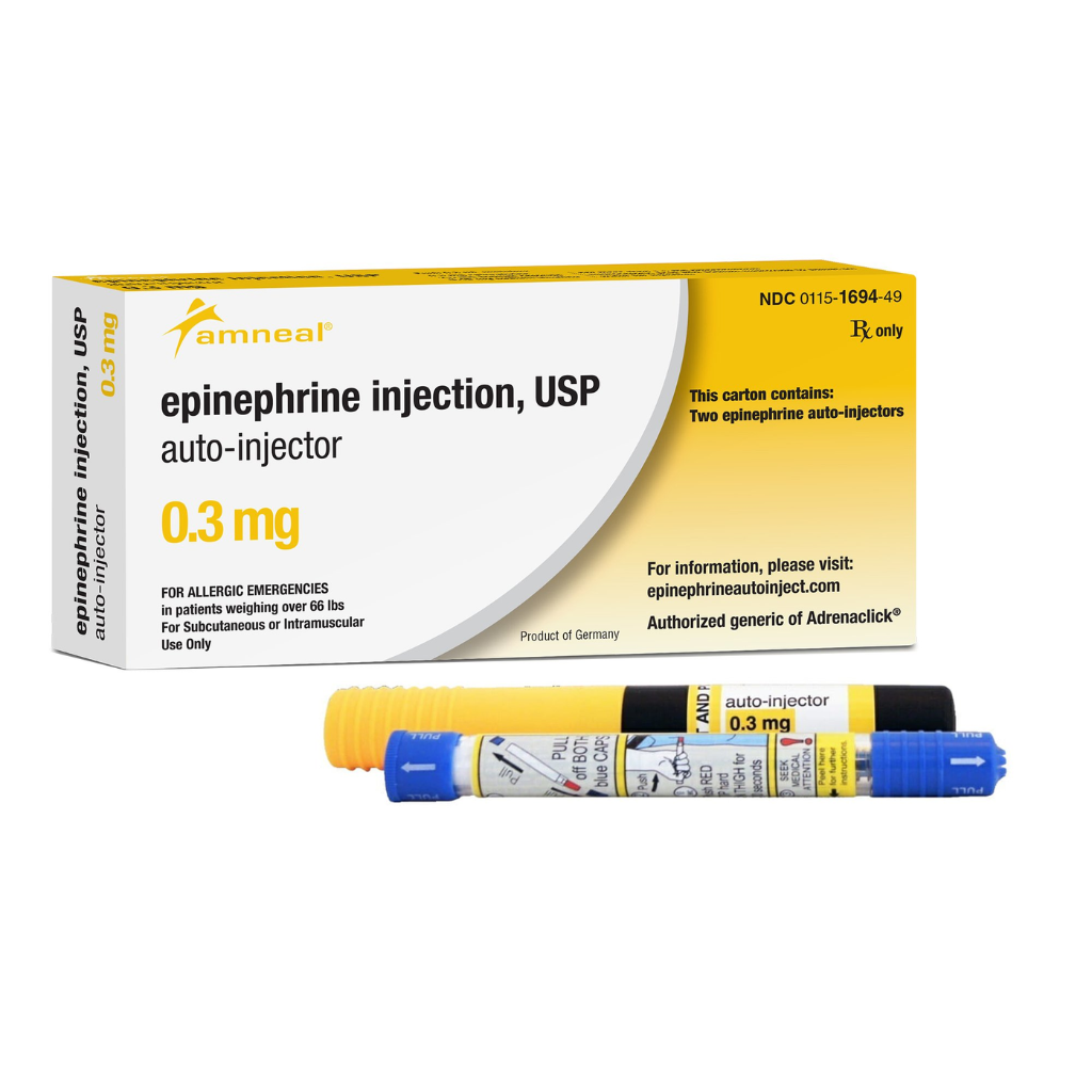 Amneal Epinephrine Injection, USP 0.3 mg prefilled auto-injector shown with its yellow and white retail carton and a yellow, blue, and black auto-injector pen in front