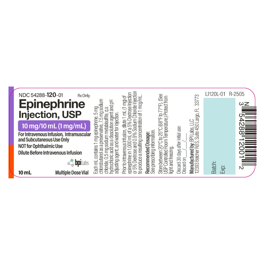 BPI Labs Epinephrine Injection, USP 10 mg/10 mL (1 mg/mL) multiple-dose vial label in purple and orange, showing dosage information, warnings, and barcode