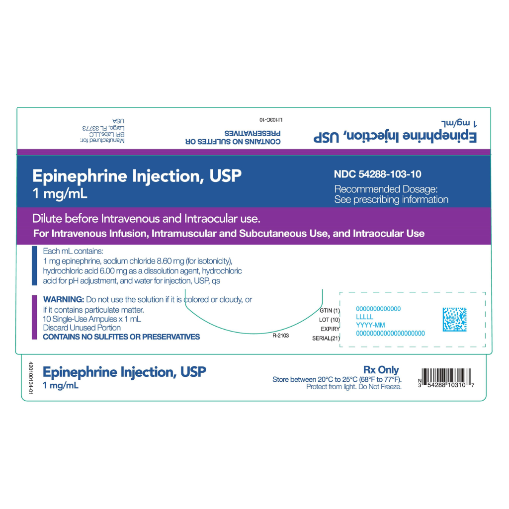 Epinephrine Injection, USP 1 mg/mL single-use ampule carton label in blue and purple, showing dosage information, warnings, and barcode