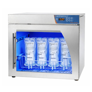 Enthermics warmer with blue light inside, showing labeled saline bags.