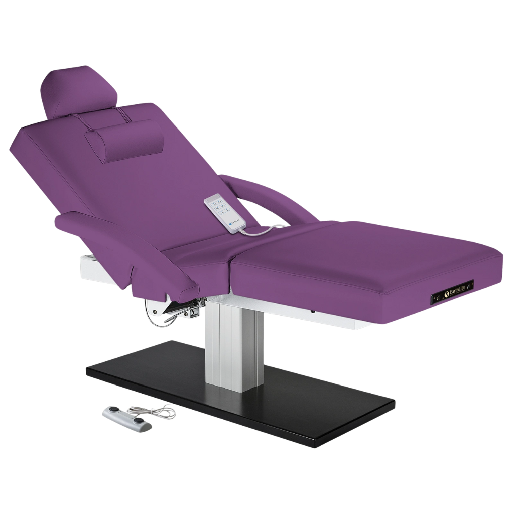 Earthlite Everest Spa Pedestal Electric Salon Table Amythest with wide cushioned top and sleek single-column electric lift base in natural finish, ideal for professional Med Spa and treatment rooms.