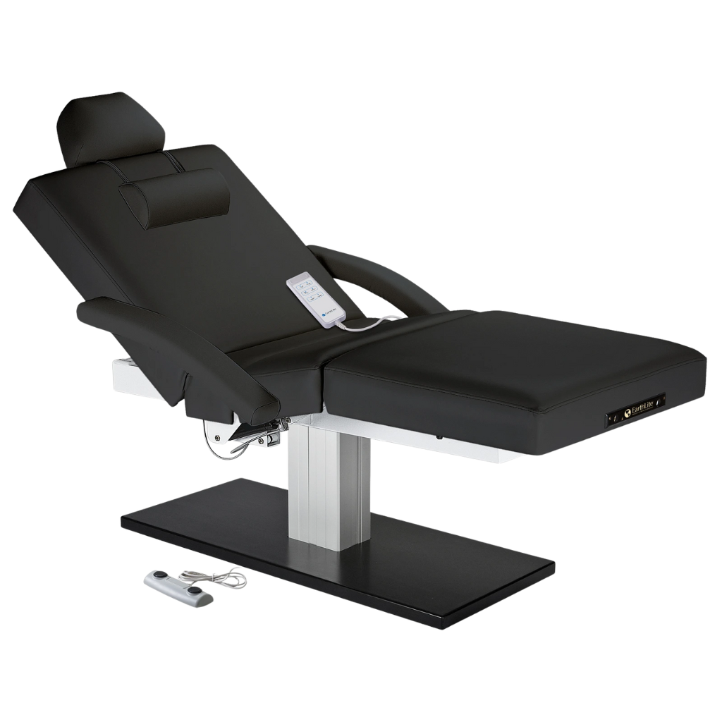 Earthlite Everest Spa Pedestal Electric Salon Table Black with wide cushioned top and sleek single-column electric lift base in natural finish, ideal for professional Med Spa and treatment rooms.