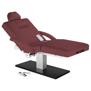 Earthlite Everest Spa Pedestal Electric Salon Table Burgundy with wide cushioned top and sleek single-column electric lift base in natural finish, ideal for professional Med Spa and treatment rooms.