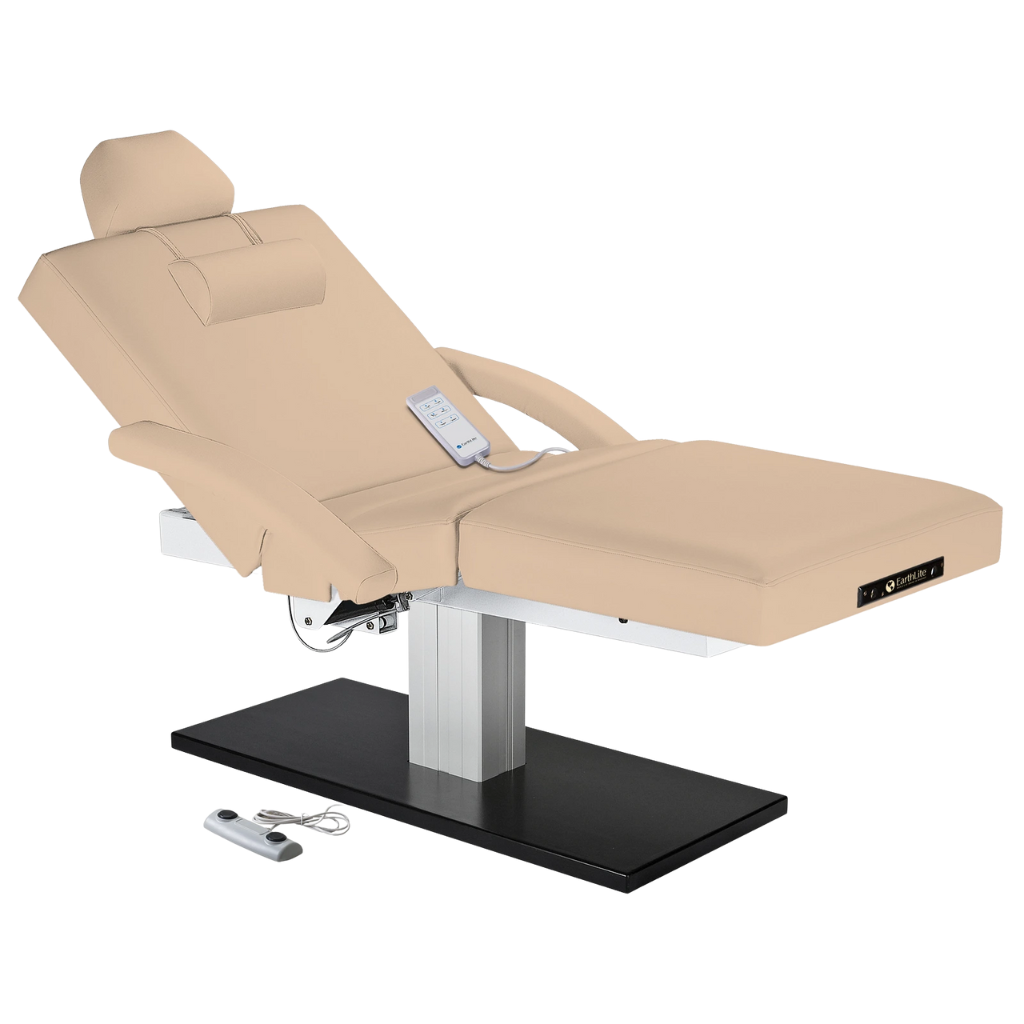 Earthlite Everest Spa Pedestal Electric Salon Table Marie's Beige with wide cushioned top and sleek single-column electric lift base in natural finish, ideal for professional Med Spa and treatment rooms.
