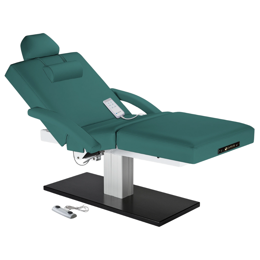 Earthlite Everest Spa Pedestal Electric Salon Table Teal with wide cushioned top and sleek single-column electric lift base in natural finish, ideal for professional Med Spa and treatment rooms.