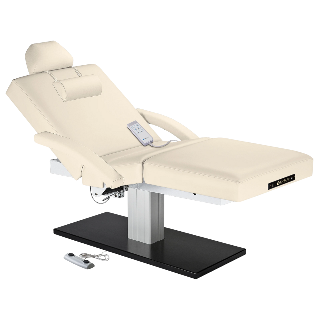 Earthlite Everest Spa Pedestal Electric Salon Table Vanilla Creme with wide cushioned top and sleek single-column electric lift base in natural finish, ideal for professional Med Spa and treatment rooms.