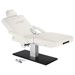 Earthlite Everest Spa Pedestal Electric Salon Table White with wide cushioned top and sleek single-column electric lift base in natural finish, ideal for professional Med Spa and treatment rooms.