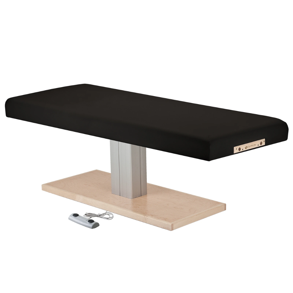 Earthlite Everest Spa Pedestal Flat Electric Table Black with wide cushioned top and single-column wood-finish base, designed for professional spa and massage treatments.