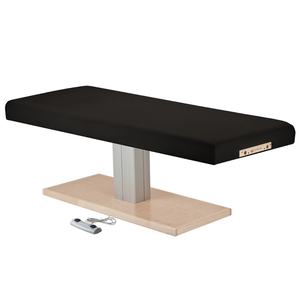 Earthlite Everest Spa Pedestal Flat Electric Table Black with wide cushioned top and single-column wood-finish base, designed for professional spa and massage treatments.