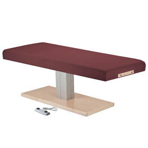 Earthlite Everest Spa Pedestal Flat Electric Table Burgundy with wide cushioned top and single-column wood-finish base, designed for professional spa and massage treatments.