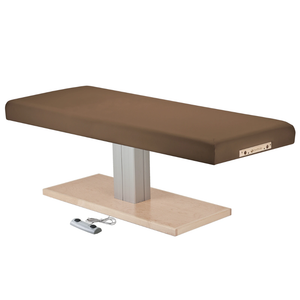 Earthlite Everest Spa Pedestal Flat Electric Table Latte with wide cushioned top and single-column wood-finish base, designed for professional spa and massage treatments.