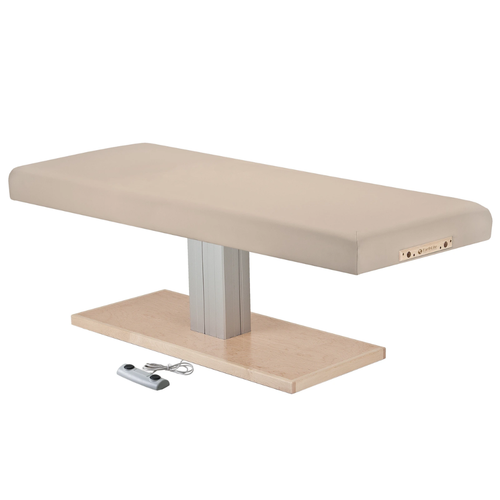 Earthlite Everest Spa Pedestal Flat Electric Table Maries Beige with wide cushioned top and single-column wood-finish base, designed for professional spa and massage treatments.