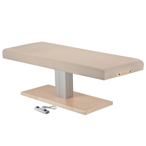 Earthlite Everest Spa Pedestal Flat Electric Table Maries Beige with wide cushioned top and single-column wood-finish base, designed for professional spa and massage treatments.