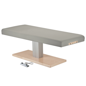 Earthlite Everest Spa Pedestal Flat Electric Table Sterling with wide cushioned top and single-column wood-finish base, designed for professional spa and massage treatments.