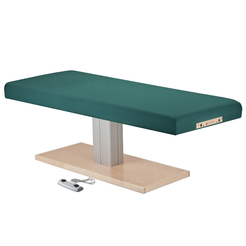 Earthlite Everest Spa Pedestal Flat Electric Table Teal with wide cushioned top and single-column wood-finish base, designed for professional spa and massage treatments.