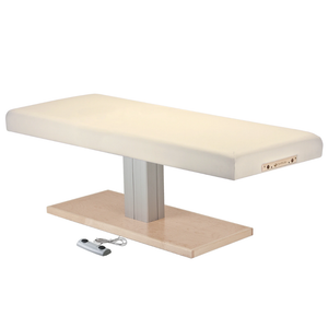 Earthlite Everest Spa Pedestal Flat Electric Table Vanilla Creme with wide cushioned top and single-column wood-finish base, designed for professional spa and massage treatments.