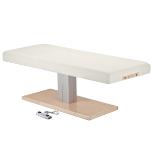 Earthlite Everest Spa Pedestal Flat Electric Table White with wide cushioned top and single-column wood-finish base, designed for professional spa and massage treatments.