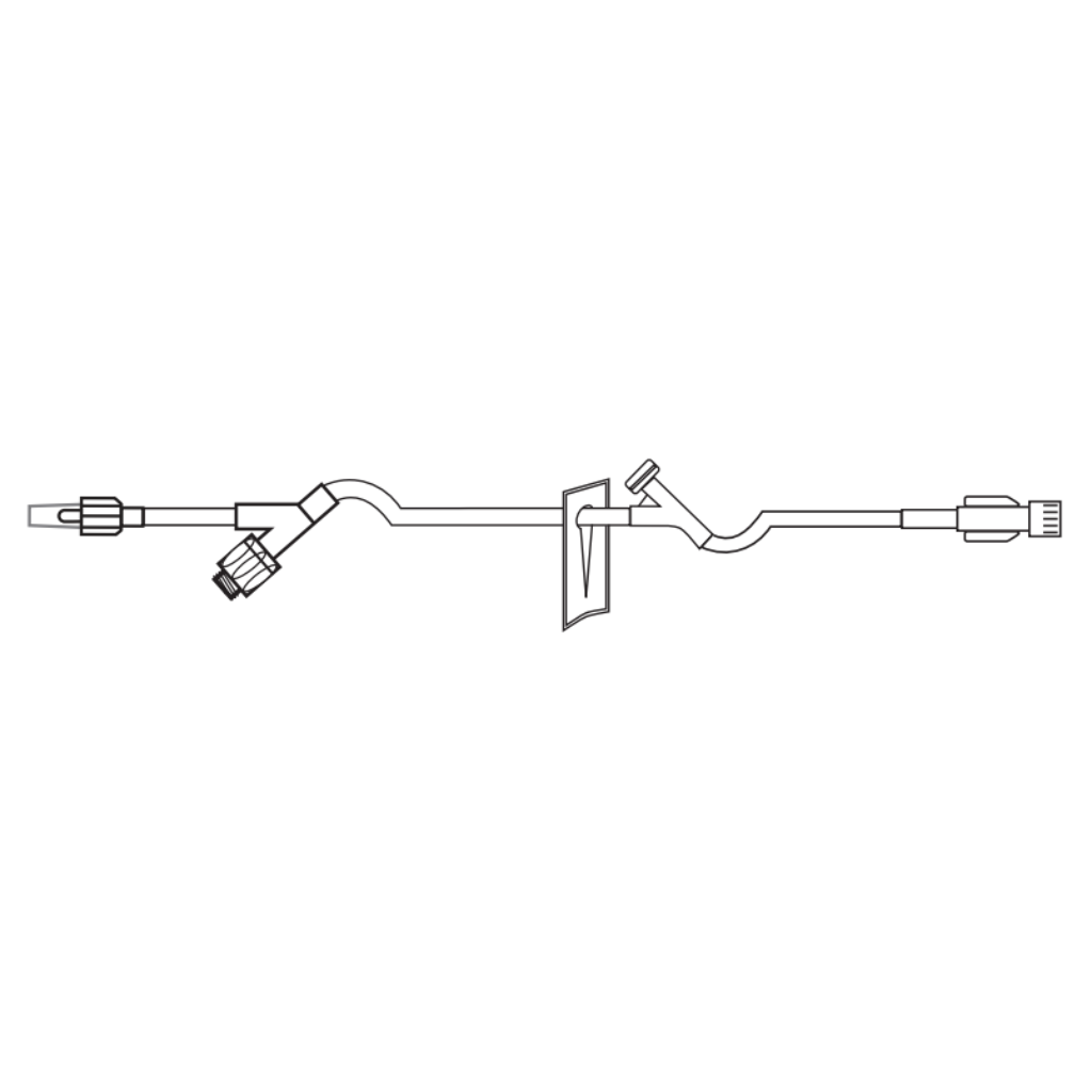 MedSource extension set visually showing each component including Needle free connection and both styles of Y-site connectors