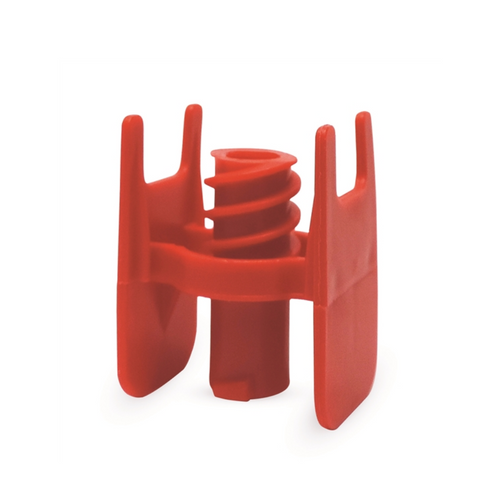 A red-colored syringe connector with a Luer lock female to female, designed for medical use.