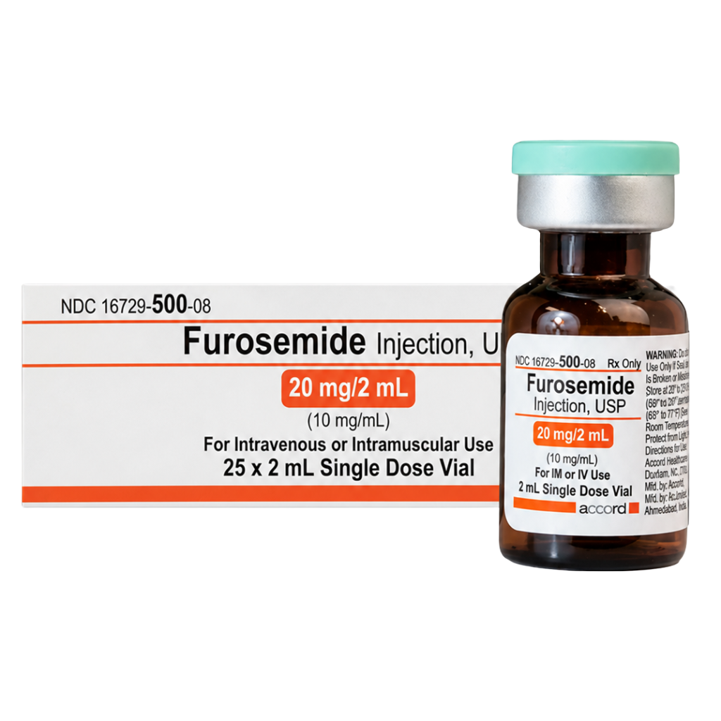 Accord Furosemide Injection, USP 20 mg/2 mL (10 mg/mL) single-dose amber glass vial with teal flip-off cap, shown in front of its white and orange 25-vial carton