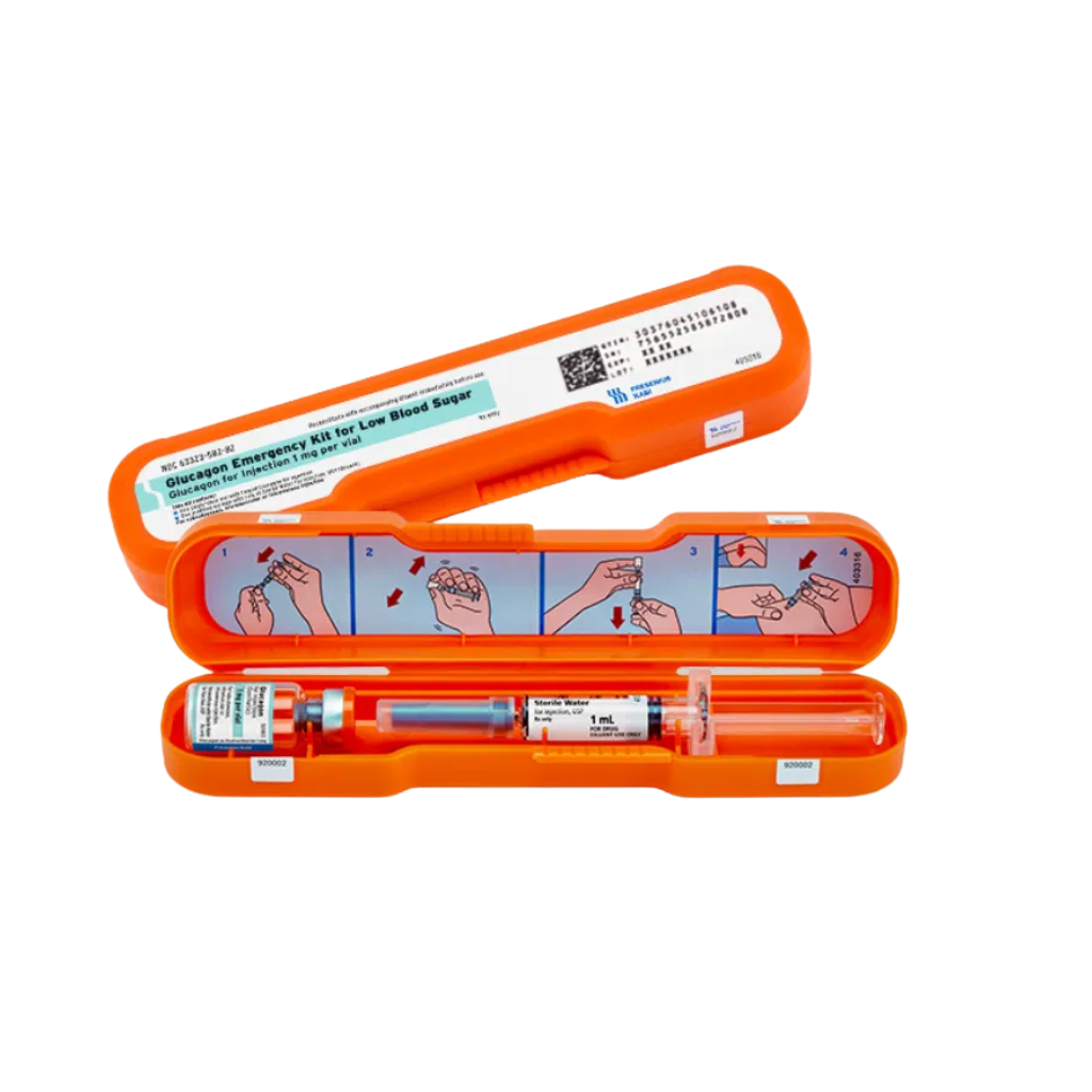 Glucagon Emergency Kit for Low Blood Sugar, open orange case showing a 1 mg glucagon vial, a prefilled 1 mL sterile water syringe and illustrated step-by-step instructions inside the lid
