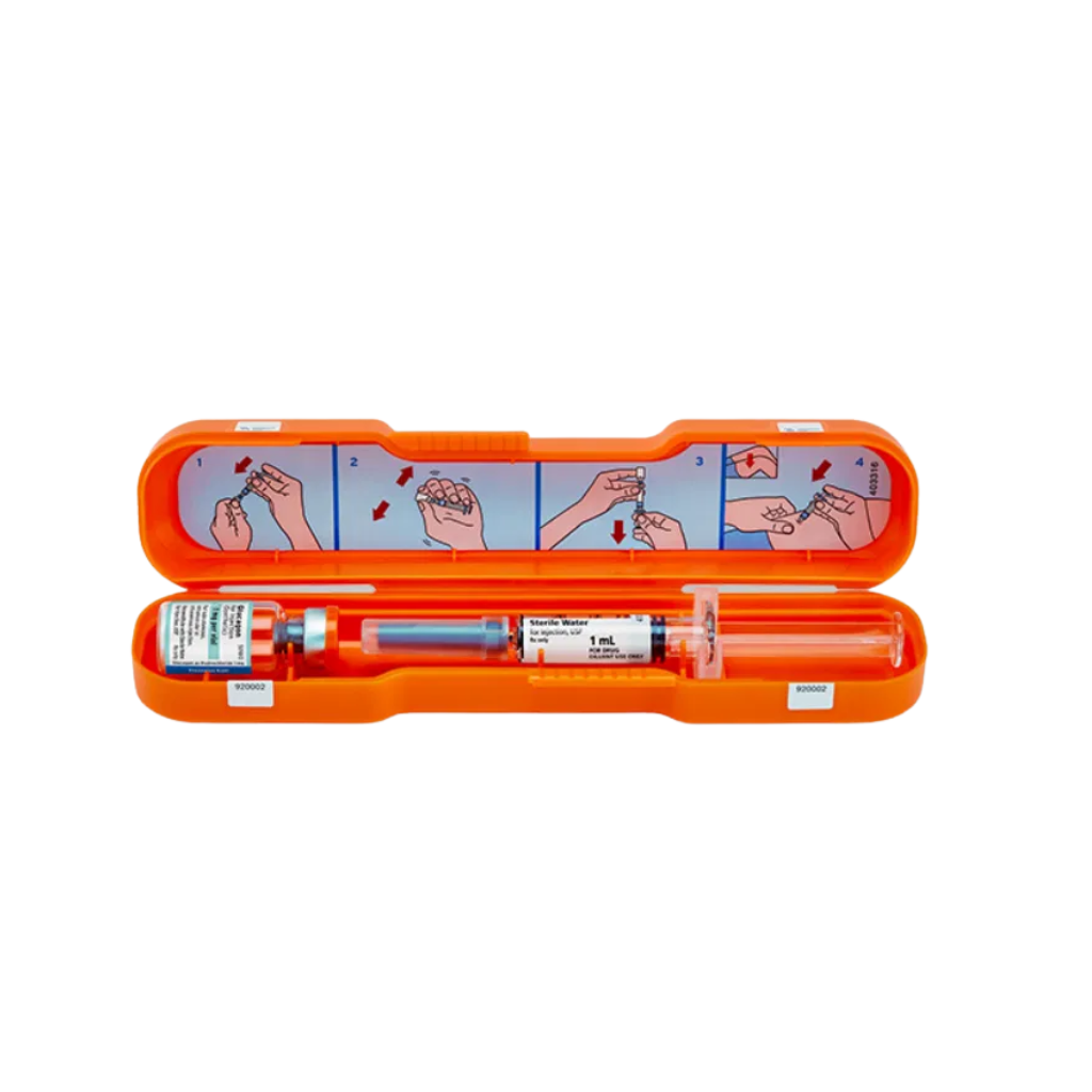 Open orange Glucagon Emergency Kit case containing a Glucagon for Injection 1 mg vial and a 1 mL sterile water diluent syringe, with four illustrated mixing and injection steps